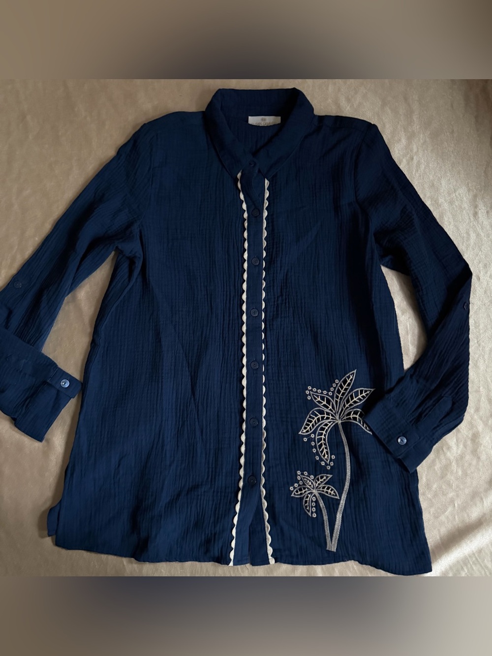 Susan Graver Soleil Regular Gauze Button Front Top with Embroidery small a683091